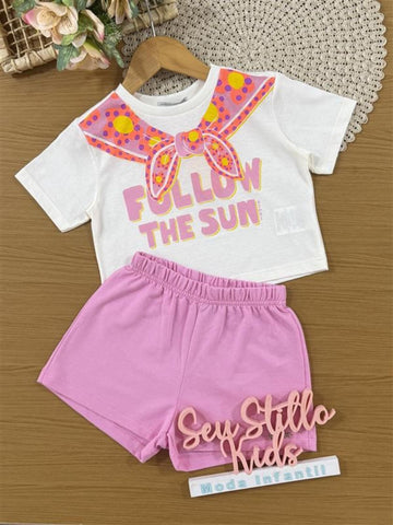 Conjunto Infantil Bimbi Verão com Shorts Rosa e Blusa Branca Follow The Sun