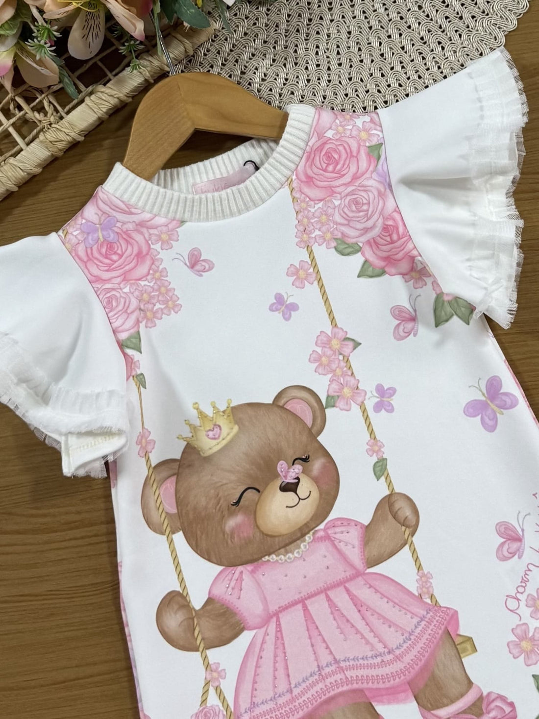 Vestido Infantil Kukiê Manga Curta Branco Ursinha Princesa