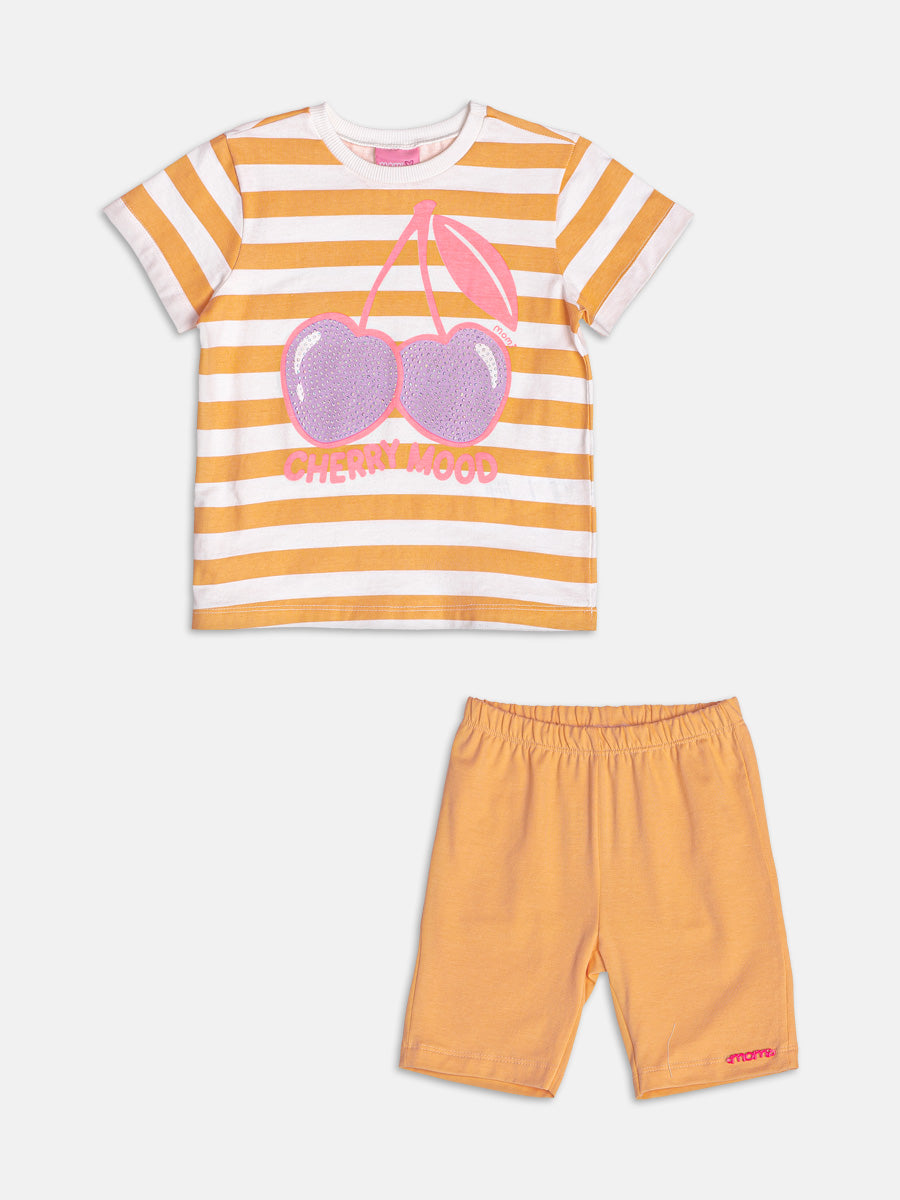 Conjunto Infantil Momi Verão com Shorts Ciclista e Blusa Laranja Listrada Cereja