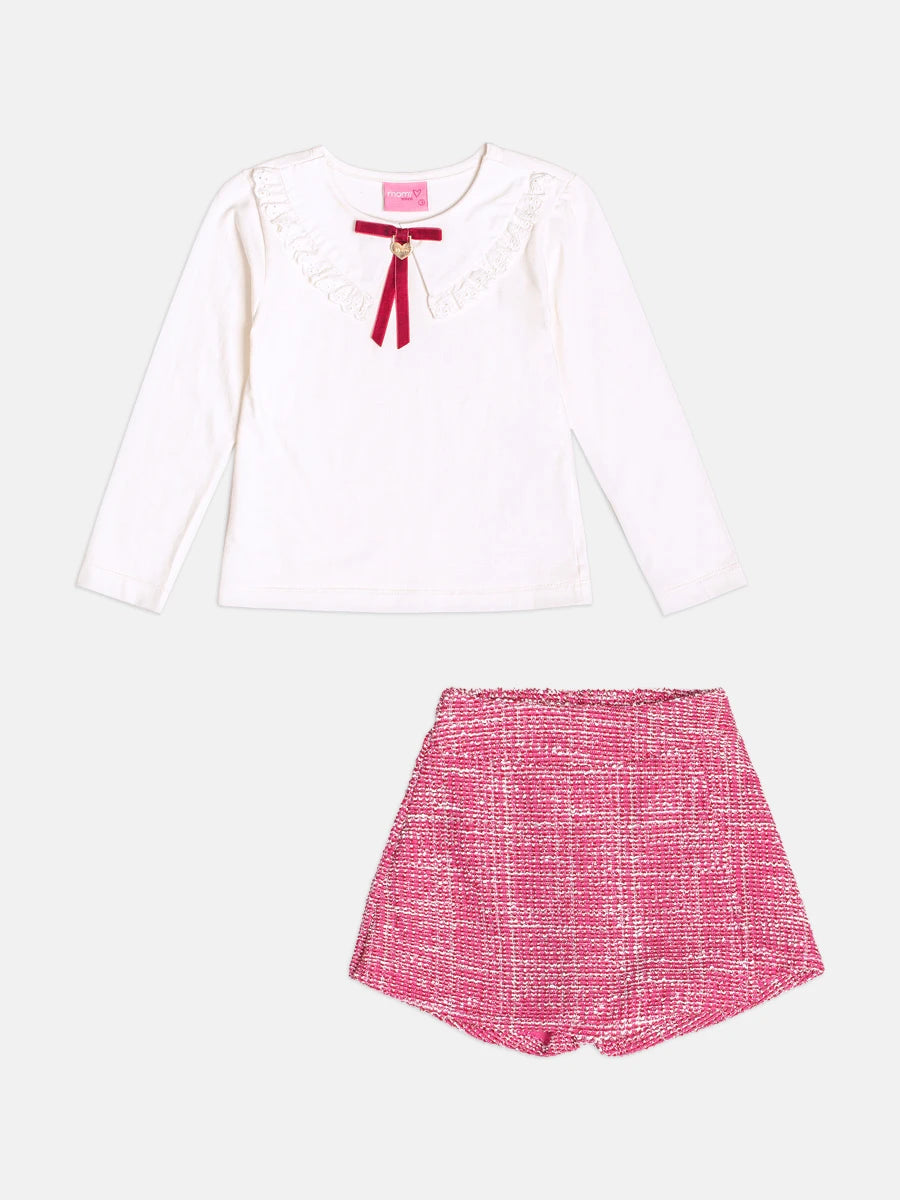 Conjunto Infantil Momi Inverno com Shorts Saia Rosa e Blusa Manga Longa  Lacinho