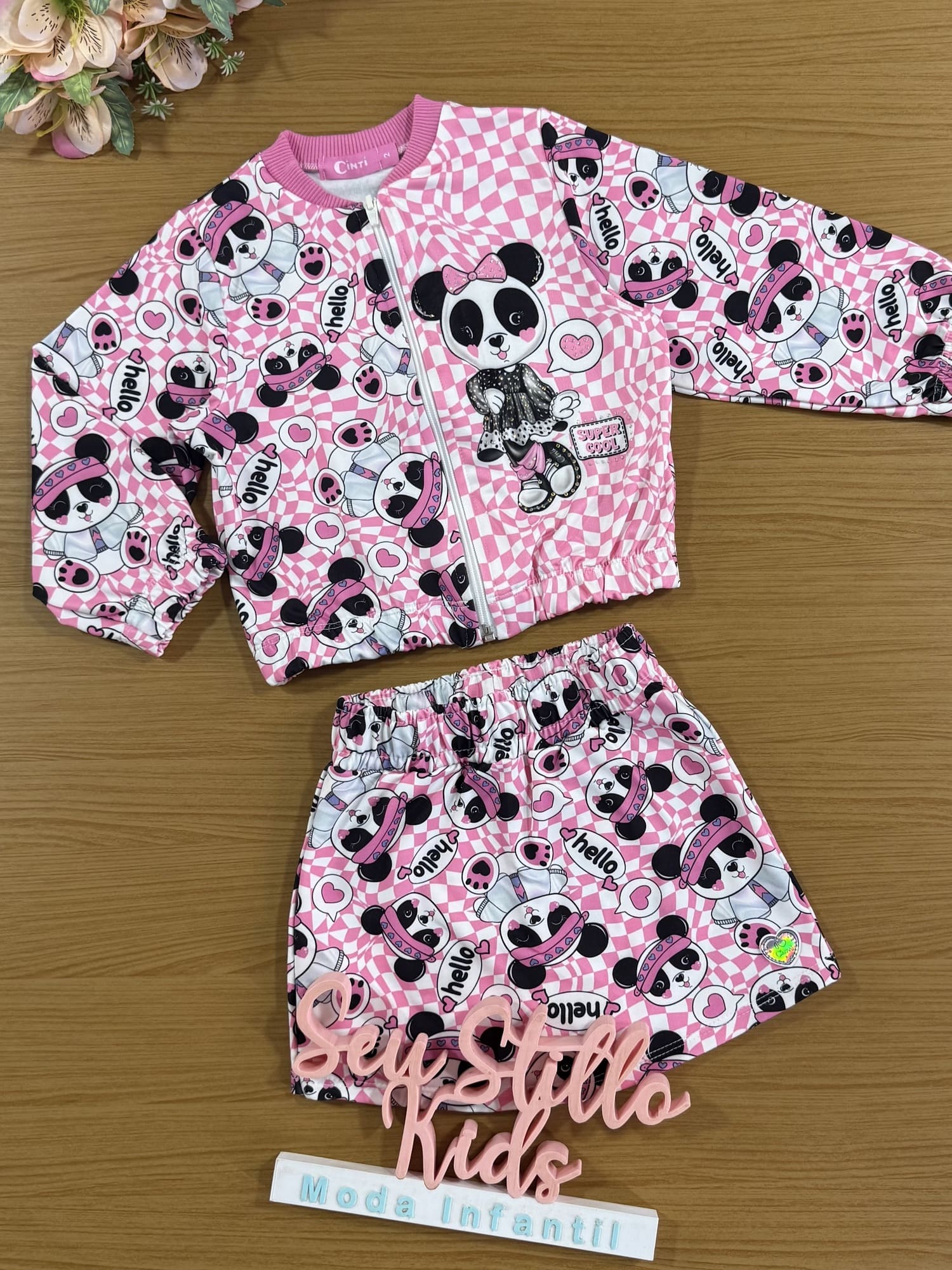Conjunto Infantil Cinti Inverno com Short Saia e Jaqueta Rosa Pandinha