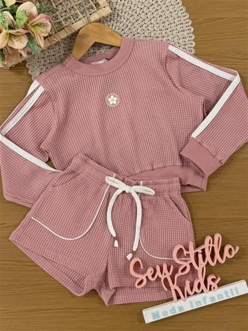 Conjunto Infantil Kukiê Inverno com Shorts e Moletom Rosa Flor