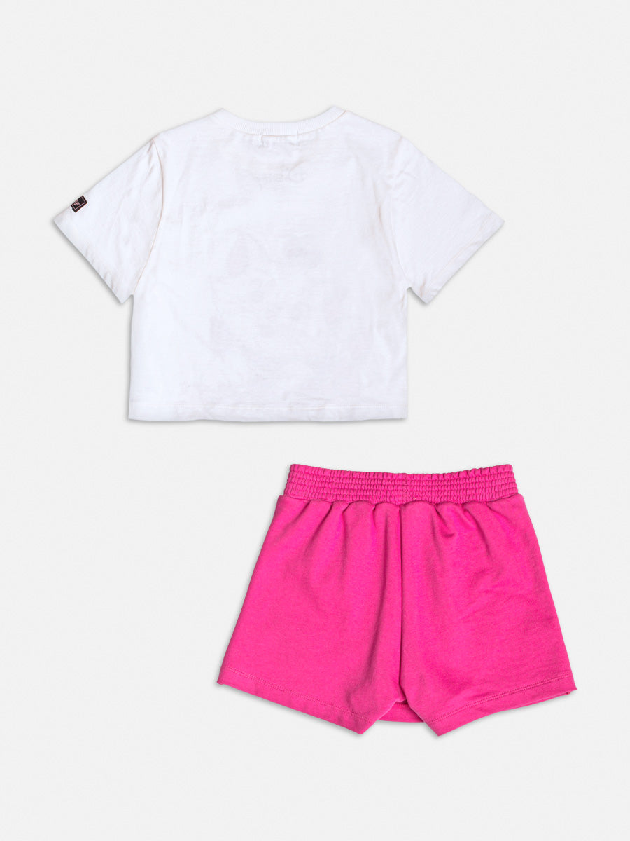 Conjunto Infantil Momi com Shorts Saia Rosa e Blusa Branca Marie com Strass Disney