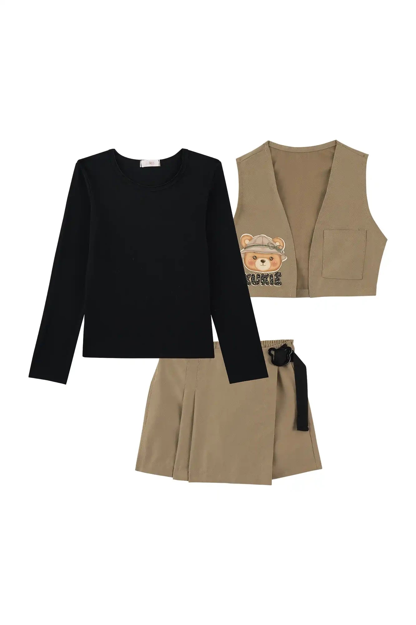 Conjunto Infantil Kukiê Inverno com Shorts Saia, Colete Bege e Ursinha e Blusa Manga Longa