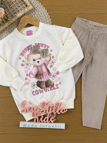 Conjunto Infantil Cinti Inverno com Calça Legging Bege e Moletom Flanelado Ursinha Lacinho