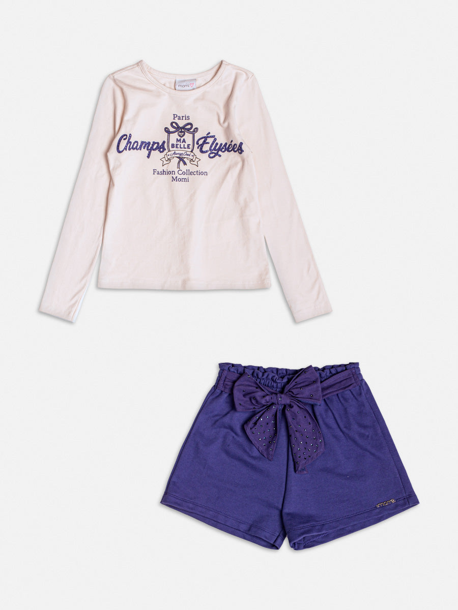 Conjunto Infantil Momi Inverno com Shorts Azul e Blusa Manga Longa Bege Paris