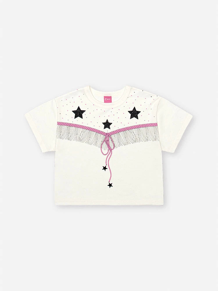 Conjunto Infantil Cinti Verão, Shorts Preto com Brilho e Blusa Estrelinha