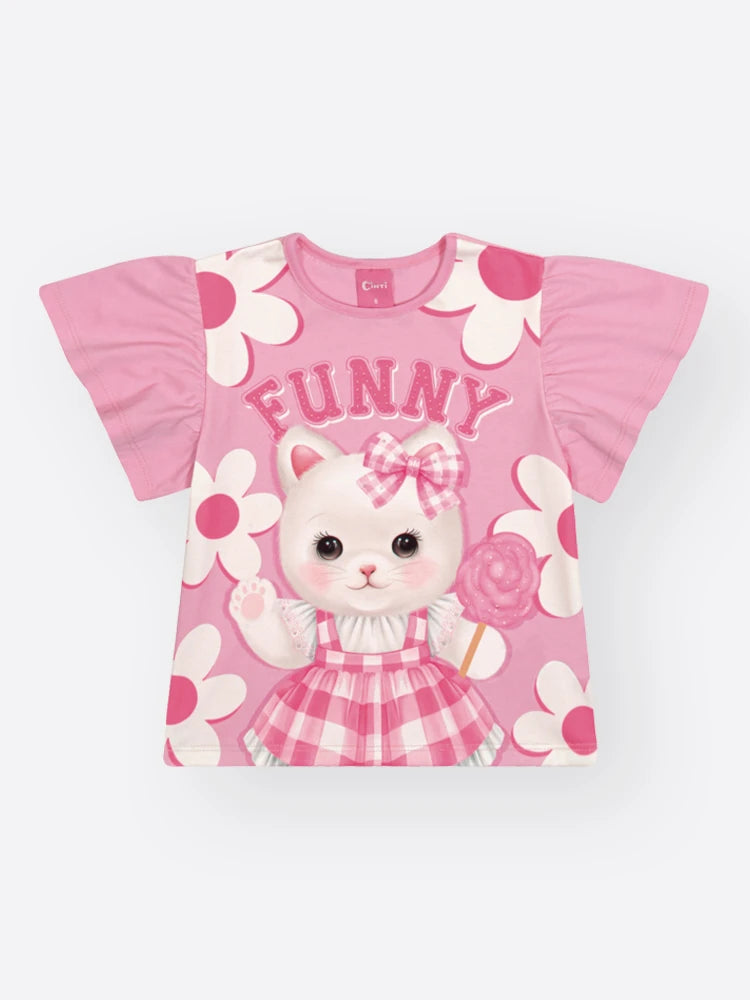 Conjunto Infantil Cinti Inverno  com Shorts Cinza e Blusa Manga Curta Gatinha Funny