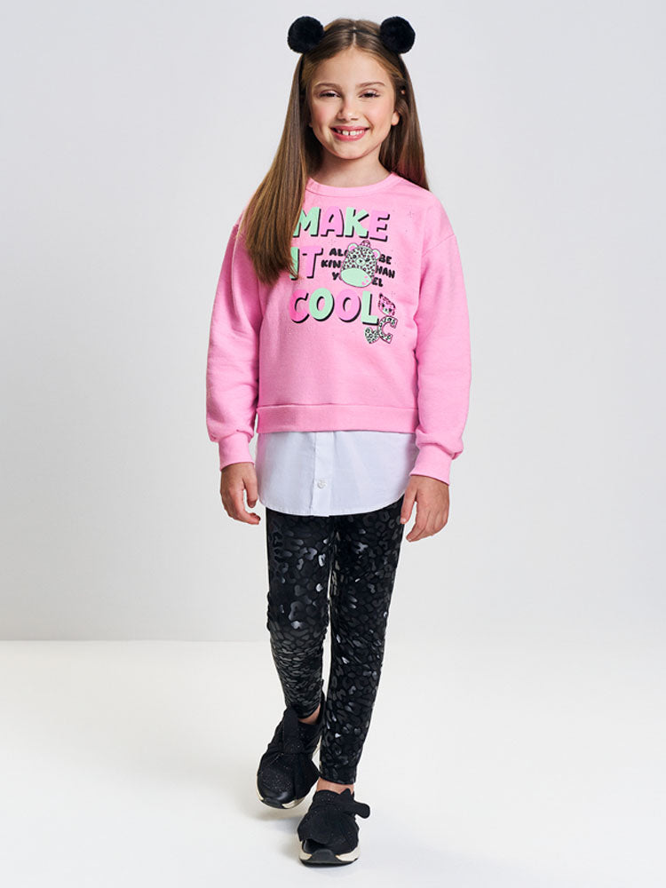 Conjunto Infantil Cinti Inverno com Calça Legging Preta e Moletom Rosa Make It Cool