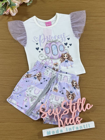 Conjunto Infantil Cinti Verão Shorts Lilás e Blusa Princesa