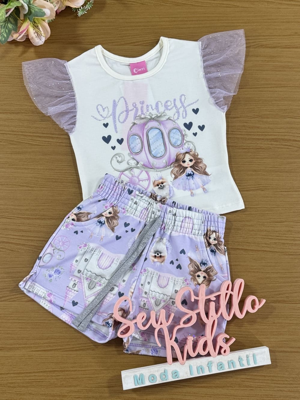 Conjunto Infantil Cinti Verão Shorts Lilás e Blusa Princesa