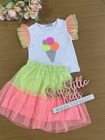 Conjunto Infantil Kukie Verão Com Saia e Blusa Sorvetinho
