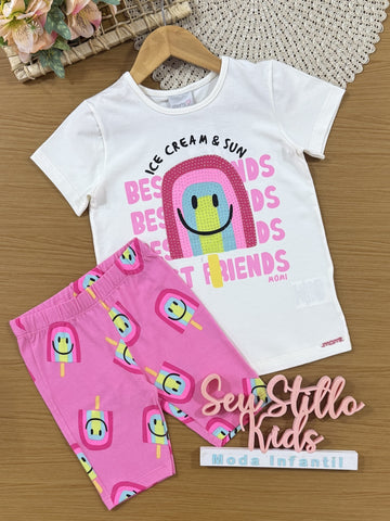 Conjunto Infantil Momi Verão com Shorts Ciclista Rosa e Blusa Branca Sorvetinho
