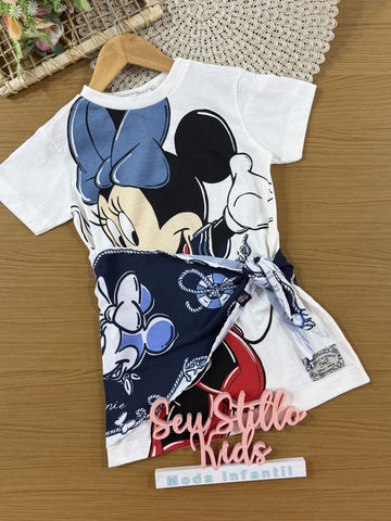 Vestido Infantil Animê Verão Branco Minnie com Lenço Disney
