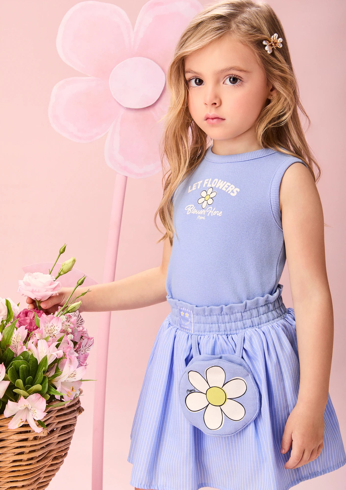 Conjunto Infantil Menina Momi com Saia e Regata Azul Let Flowers