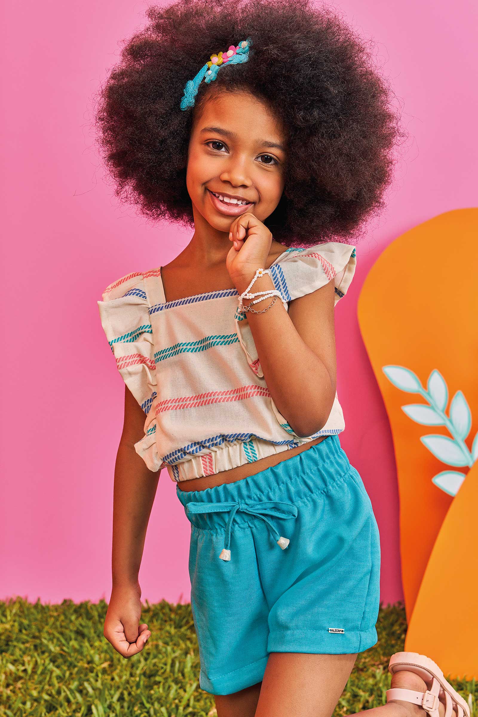 Conjunto Infantil Kukie Verão Shorts Azul e Cropped Listras
