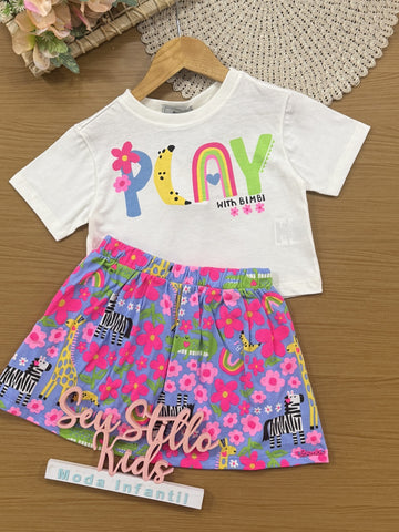 Conjunto Infantil Bimbi Verão com Saia Azul e Blusa Branca Play