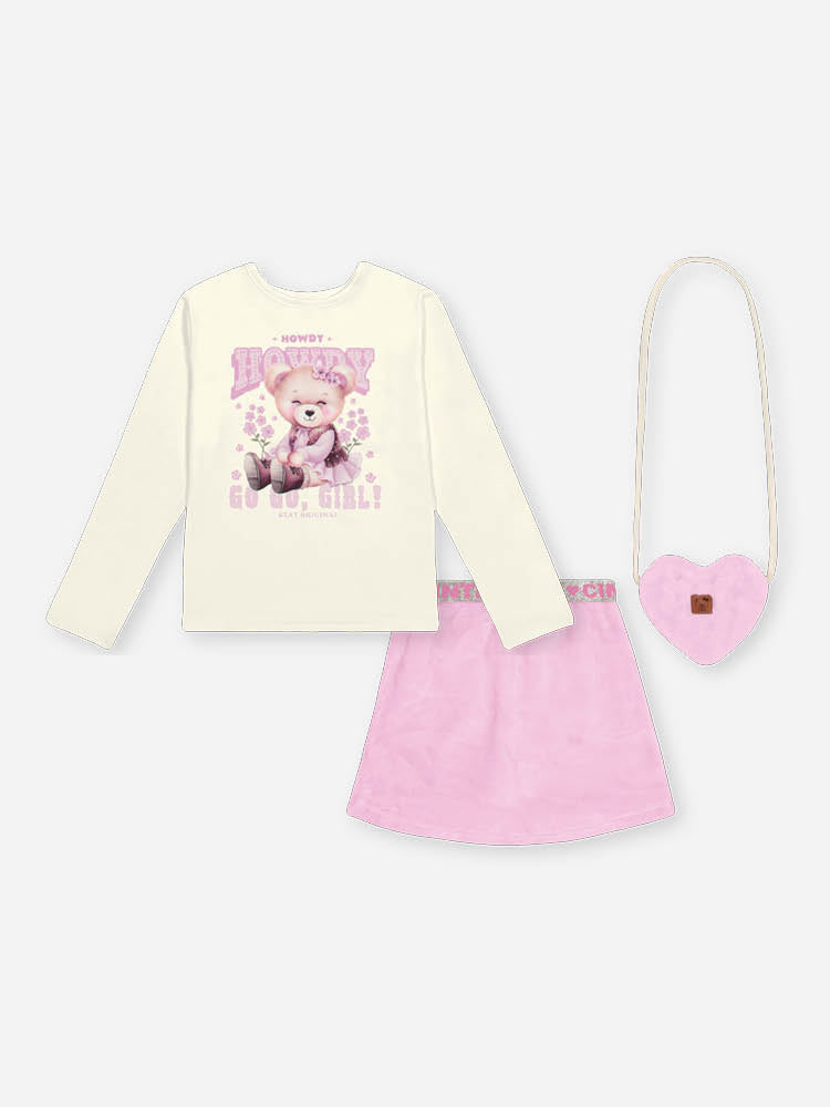 Conjunto Infantil Cinti Inverno com Saia Rosa Peluciada e Blusa Branca Ursinha Strass com Bolsinha
