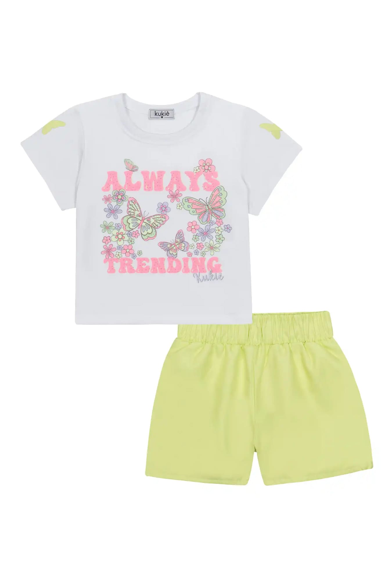 Conjunto Infantil Kukiê com Shorts Verde Neon e Blusa Manga Curta Borboletas