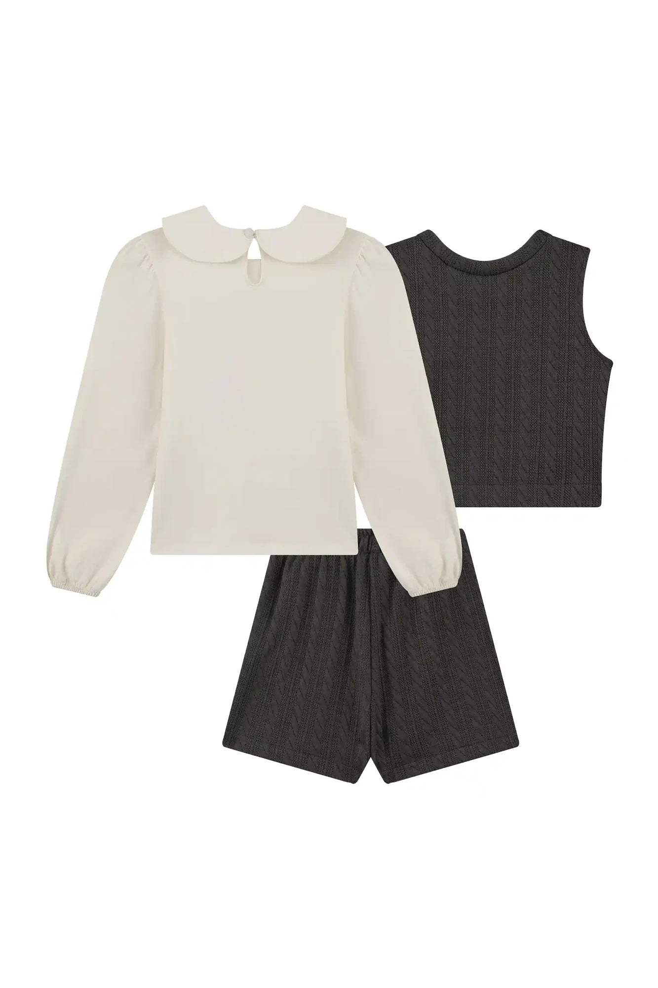 Conjunto Infantil Kukiê Inverno com Shorts Saia, Colete Tricot Cinza e Blusa Manga Longa