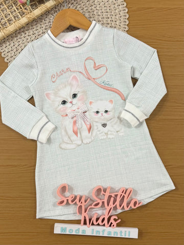 Vestido Infantil Kukiê Inverno Azul Gatinhas Lacinho