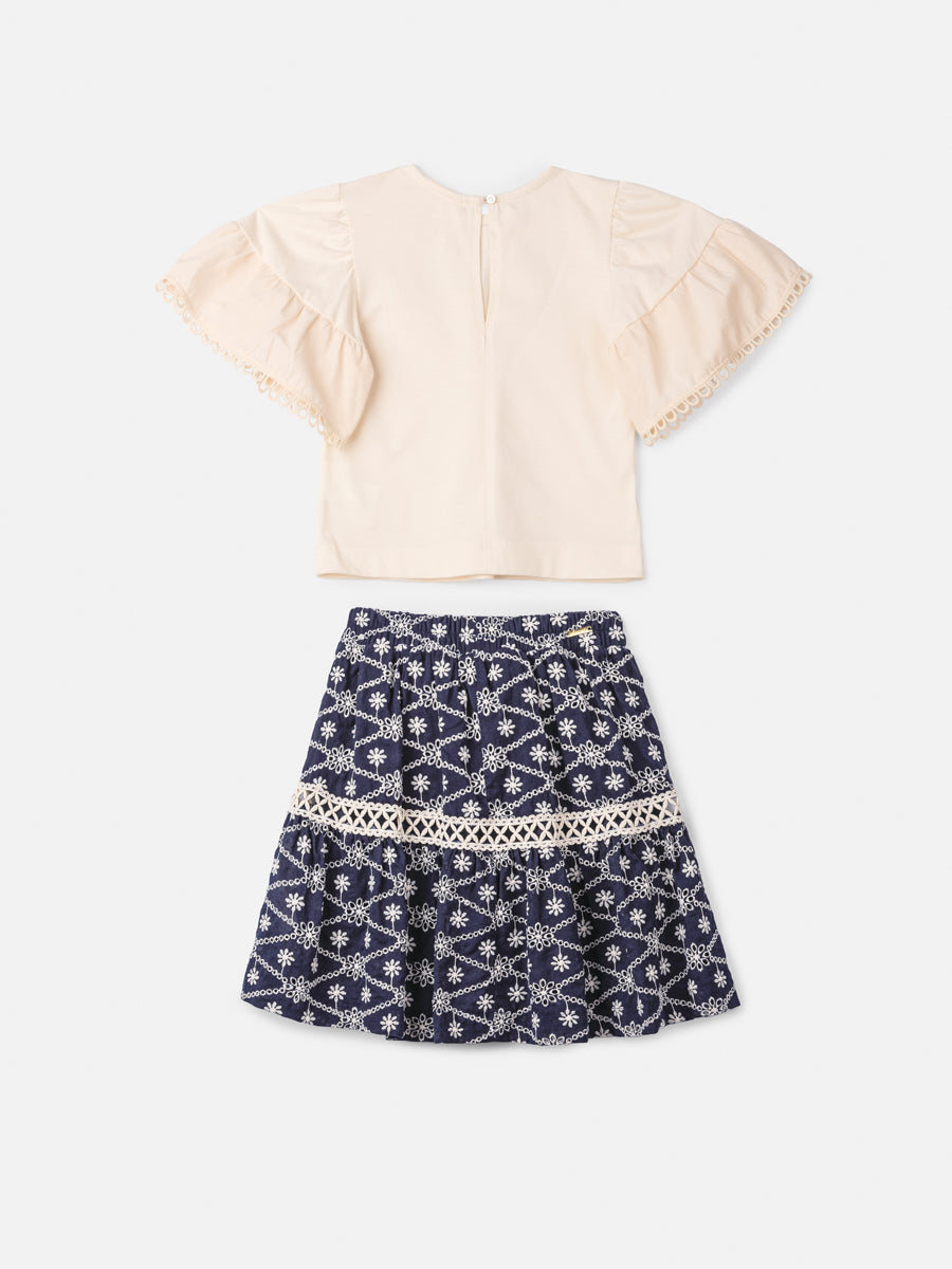 Conjunto Infantil Animê Verão Saia Bordada e Blusa