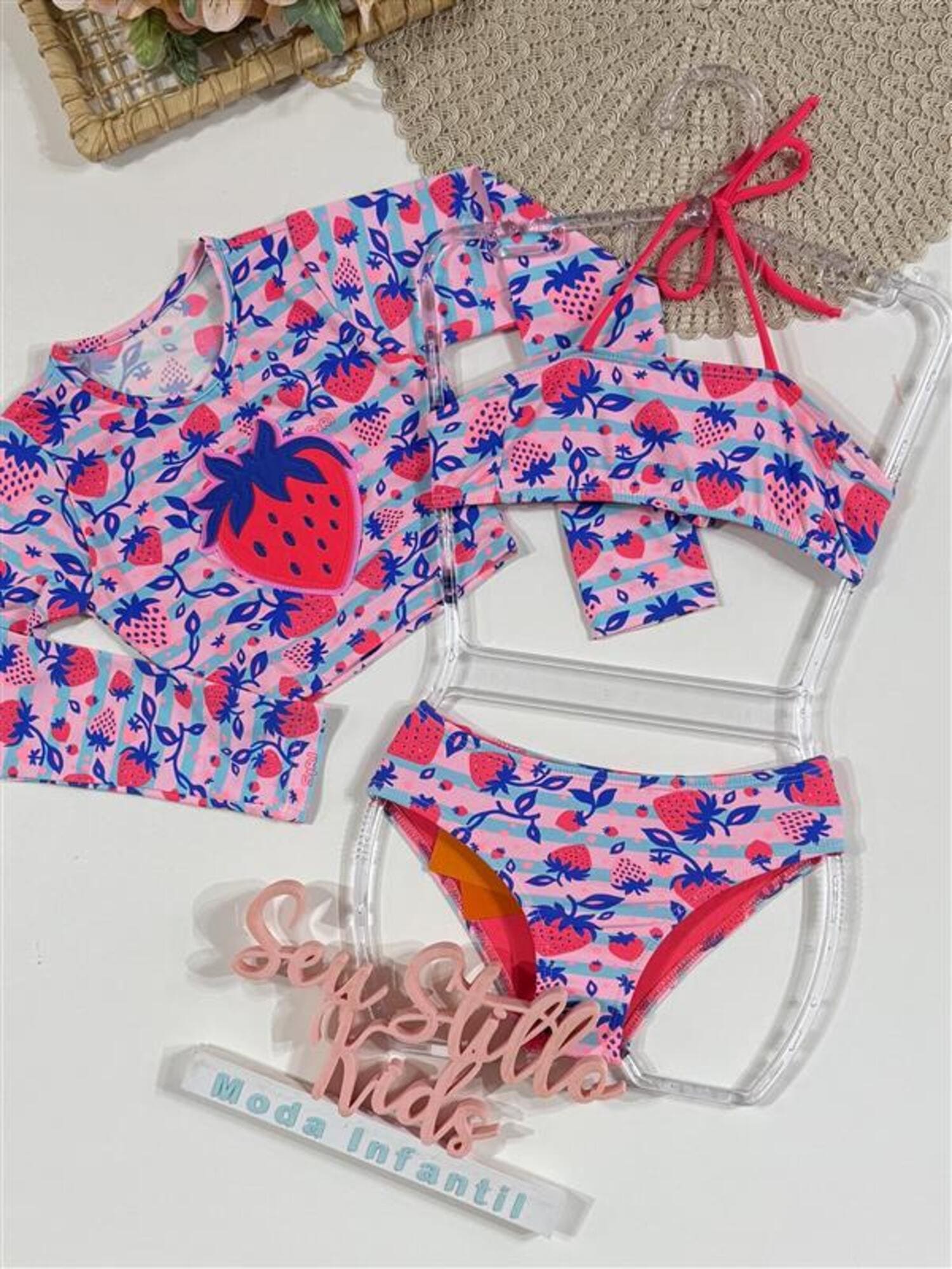 Biquíni Infantil Siri Kids  com Cropped Manga Longa Lara Morango 40242