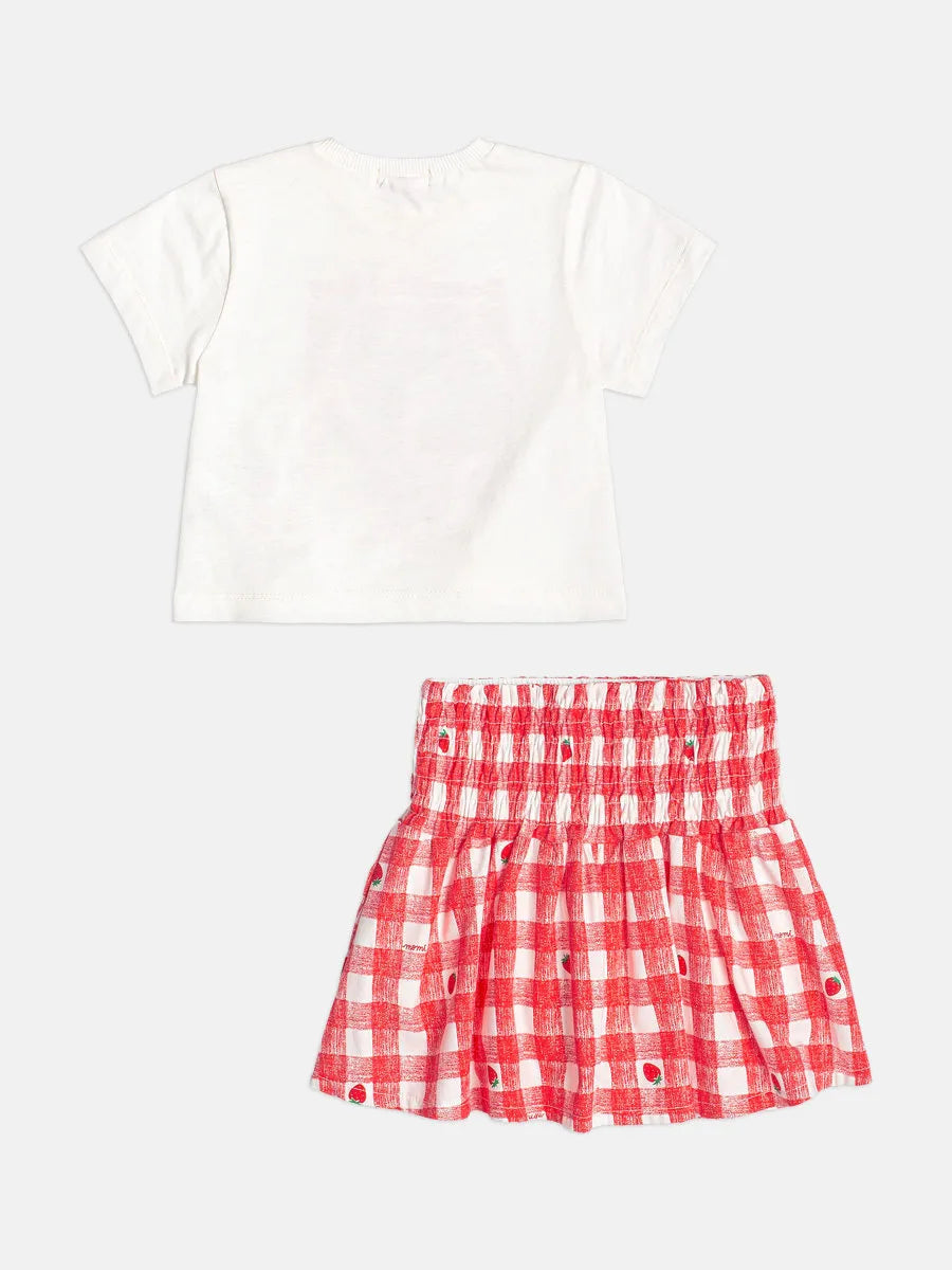 Conjunto Infantil Menina Momi com Saia Vermelha Xadrez e Blusa Branca Picnic Strass