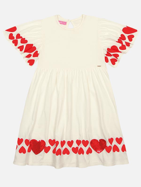 Vestido Infantil Cinti Verão Branco com Corações Vermelhos