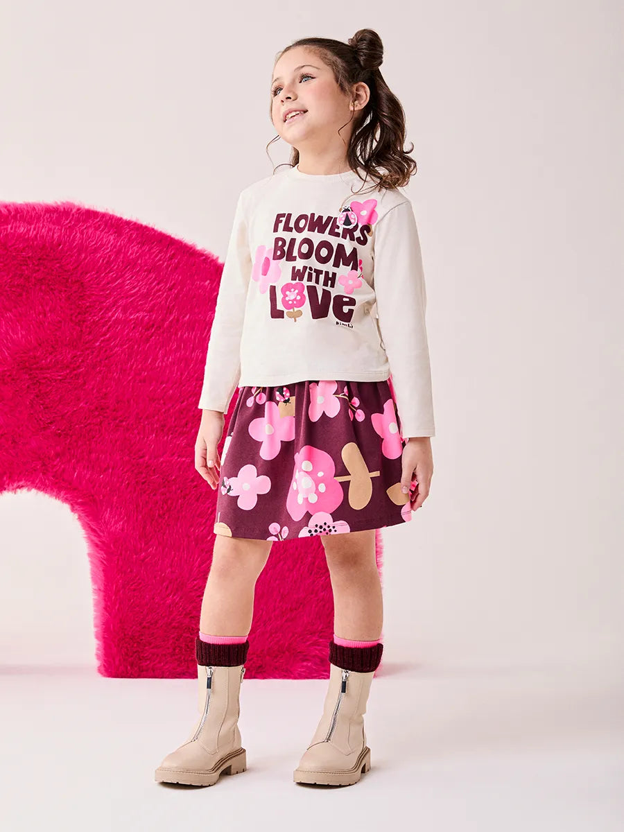 Conjunto Infantil Bimbi Inverno com Saia e Blusa Bege Flowers