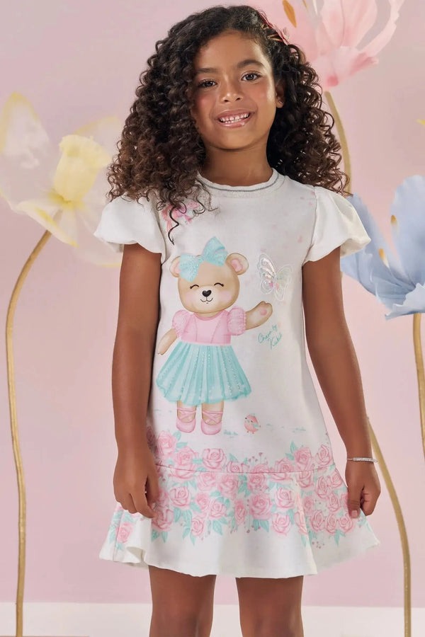 Vestido Infantil Kukiê Verão Verde Ursinha no Jardim