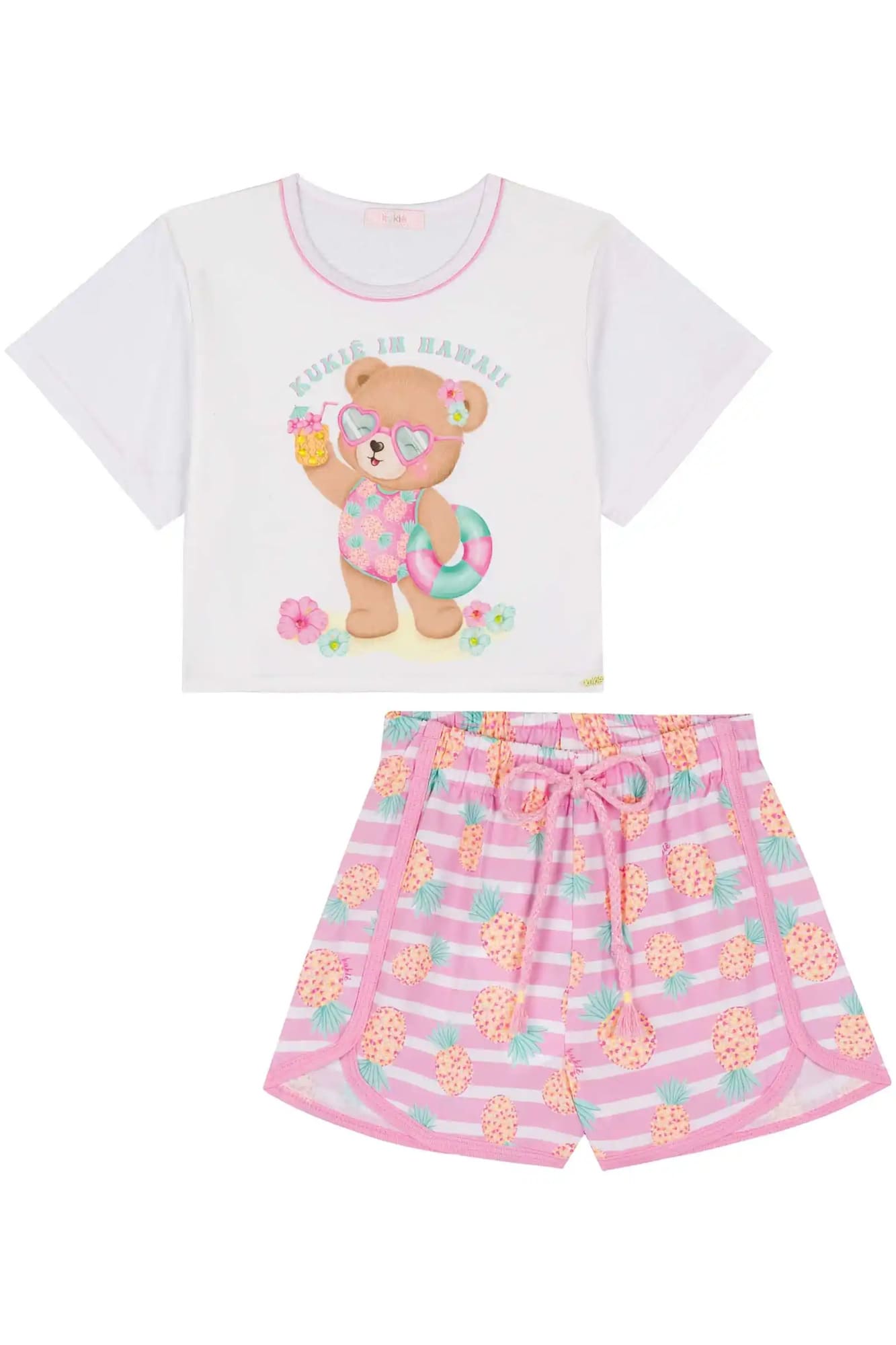 Conjunto Infantil Kukiê Verão com Shorts Rosa e Blusa Branca Ursinha na Praia
