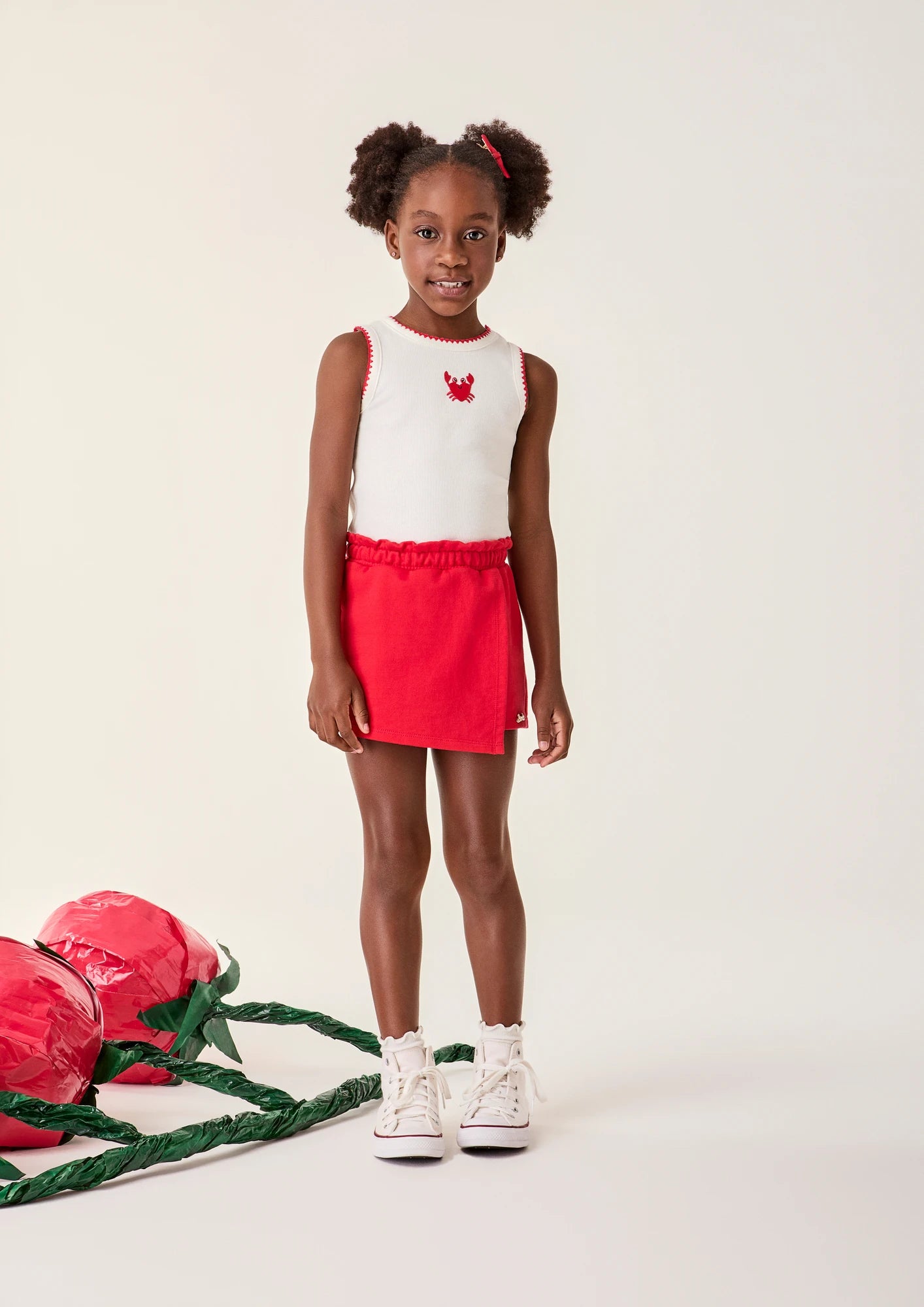 Conjunto Infantil Menina Bimbi com Shorts Saia Vermelho e Regata Caranguejo