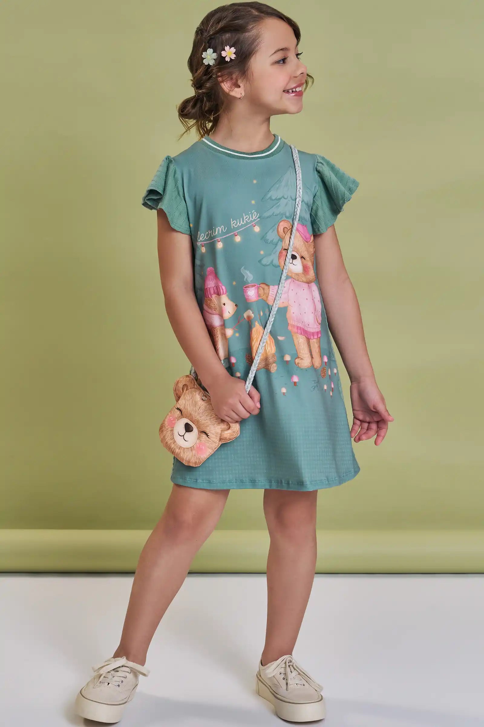 Vestido Infantil Kukiê Inverno Verde com Bolsinha Ursinha Acampamento