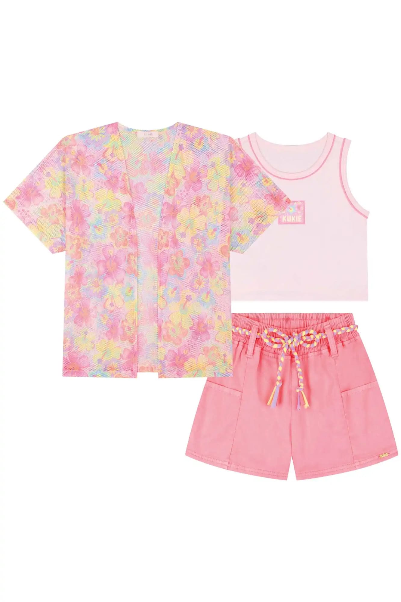 Conjunto infantil Kukiê Verão Blusa, Kimono Floral e shorts Rosa