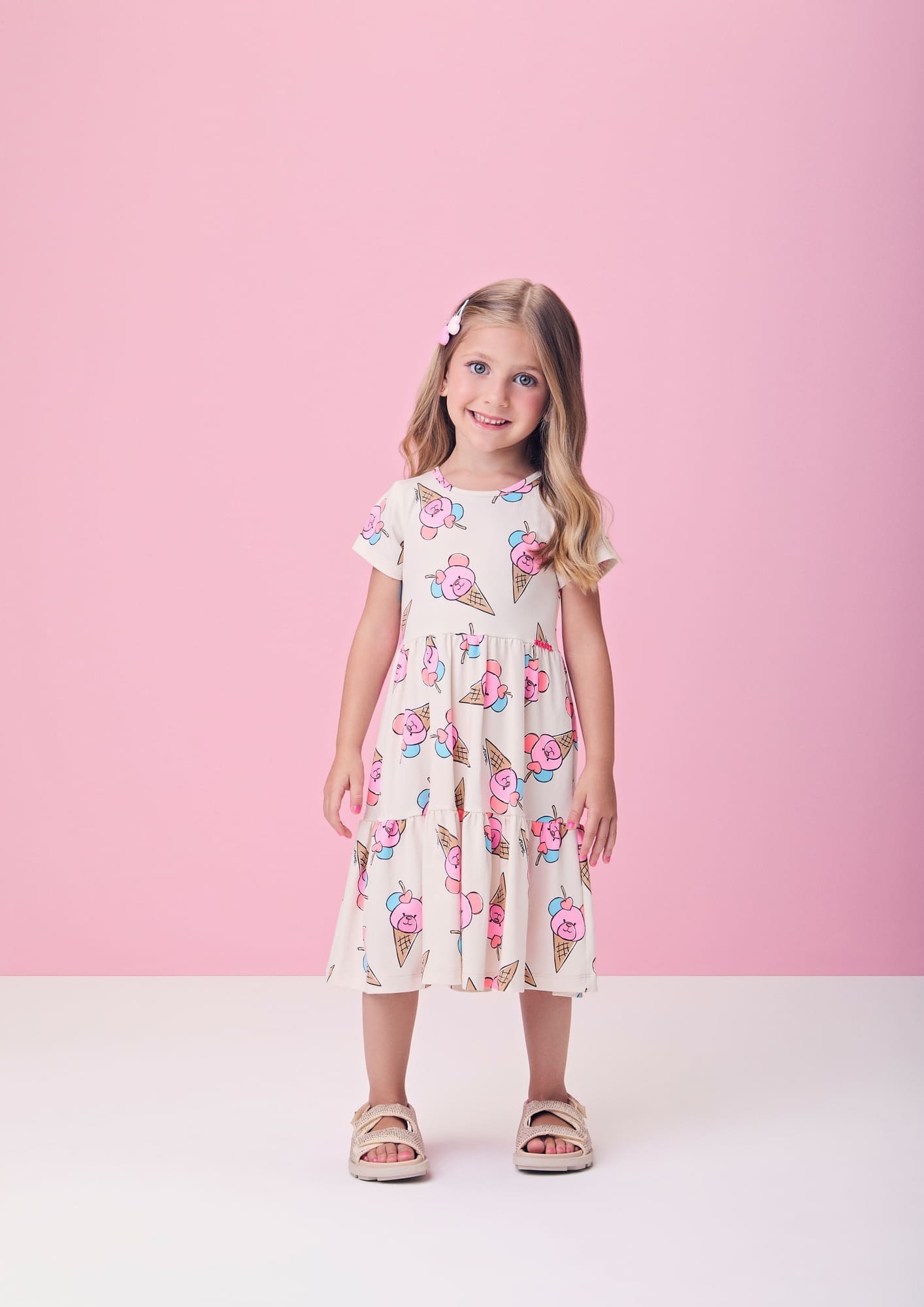 Vestido Infantil Momi Verão Bege Ursinho Sorvetinho