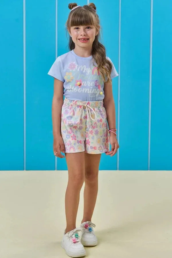 Conjunto Infantil Menina Kukiê com Shorts e Blusa Azul Flozinha Arco-íris