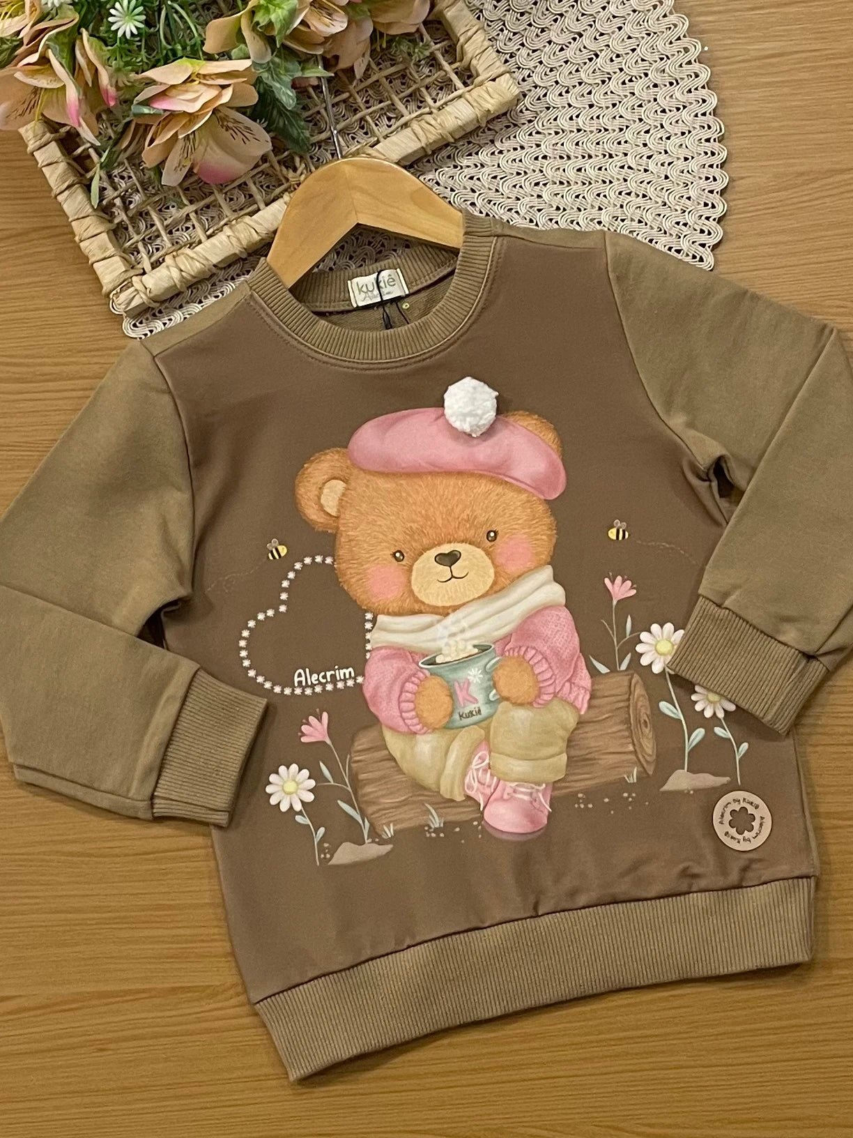 Conjunto Infantil Kukiê Inverno Legging e Moletom sem Flanela Marrom Ursinha
