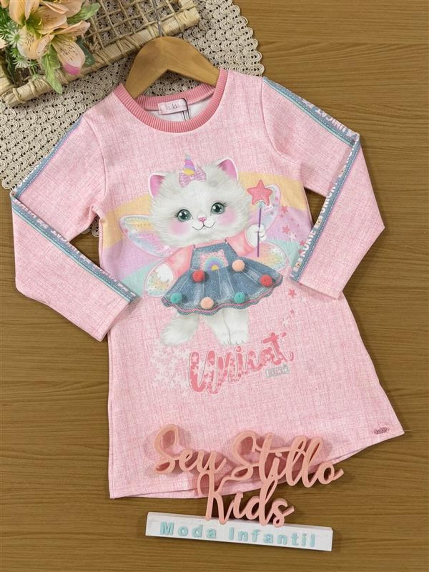 Vestido Infantil Kukiê Inverno Rosa Gatinha Fadinha