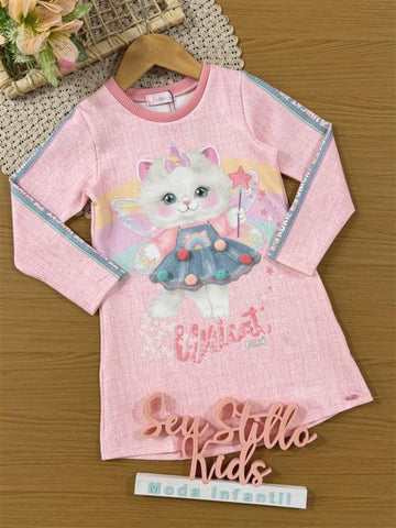 Vestido Infantil Kukiê Inverno Rosa Gatinha Fadinha