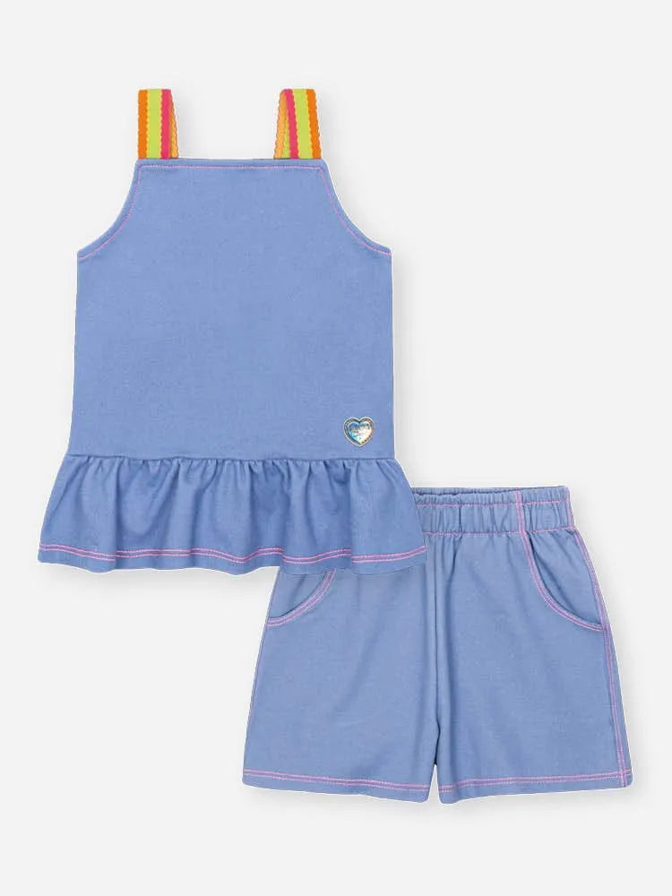 Conjunto Infantil Menina Cinti com Shorts e Blusa Azul Claro