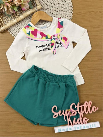 Conjunto Infantil Bimbi Inverno com Shorts Saia Verde e Blusa Manga Longa Lacinho Colorido