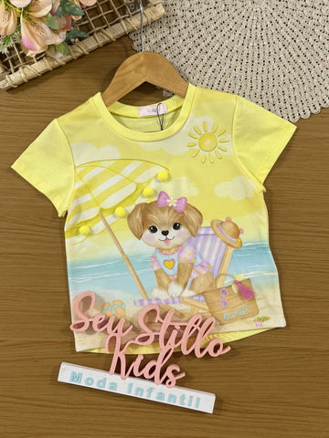 Blusa Infantil Kukiê Verão Amarela Cachorrinha na Praia