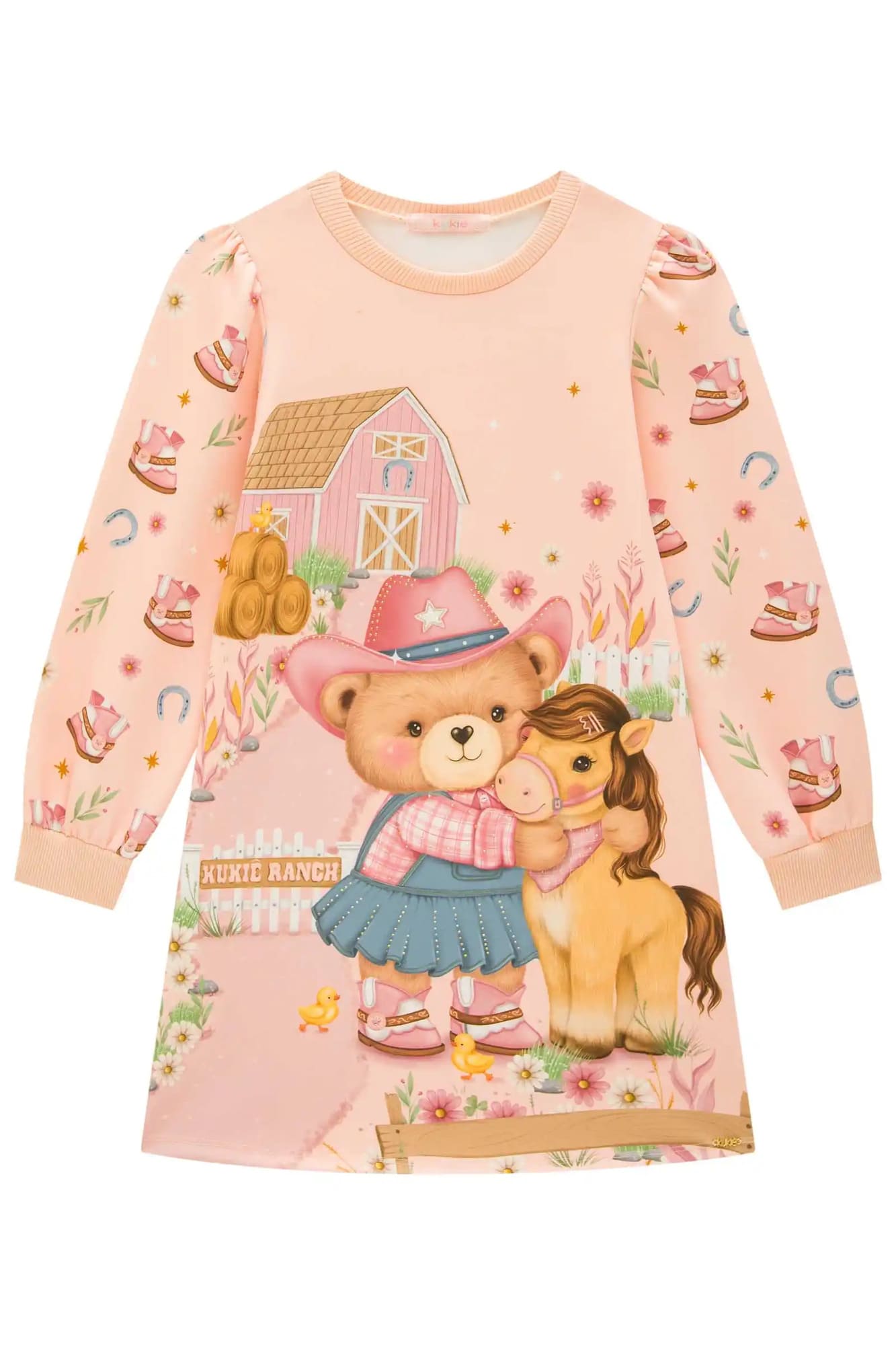 Vestido Infantil Kukiê Inverno Rosa Ursinha Fazendeira