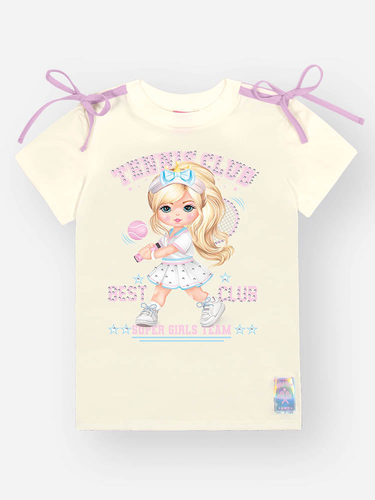 Conjunto Infantil Cinti Verão com Shorts Ciclista Lilás e Blusa Branca Tennis Club