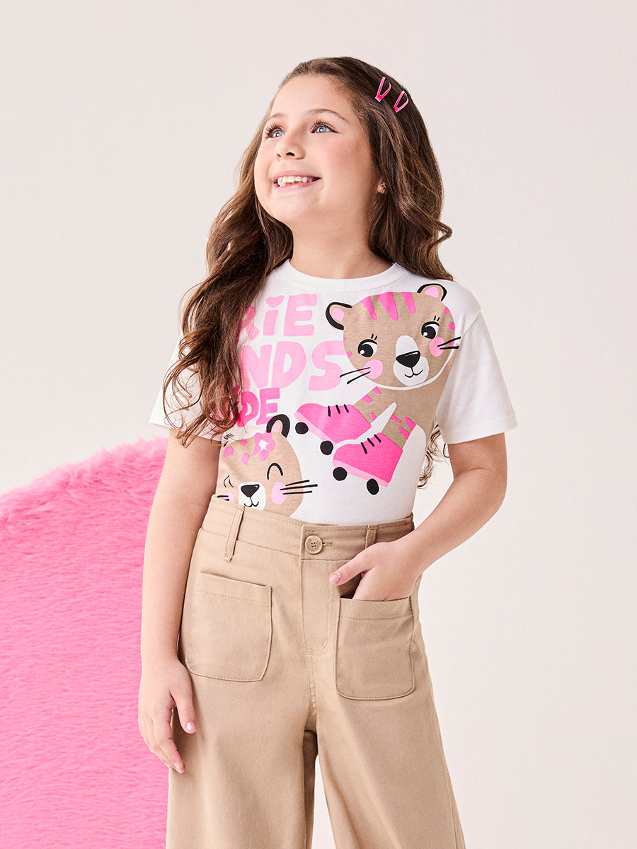 Blusa Infantil Bimbi Inverno Manga Curta Rosa Oncinha Friends