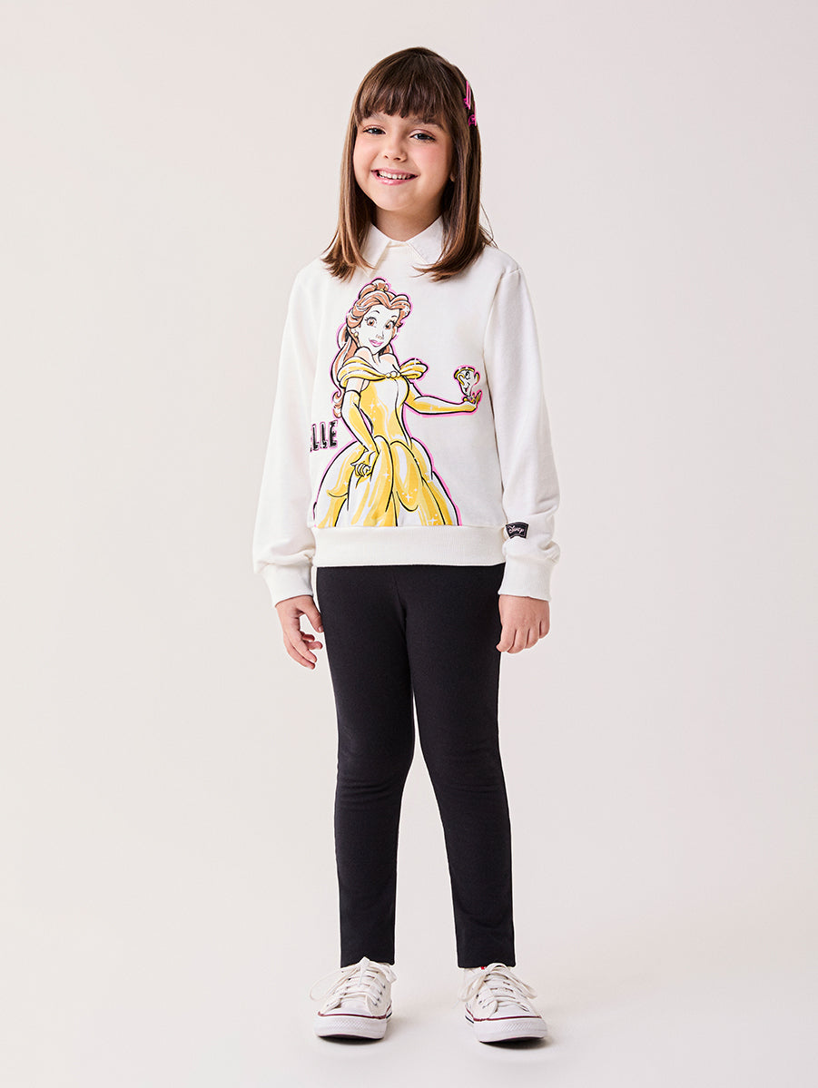 Conjunto Infantil Bimbi Inverno com Calça Legging Preta e Moletom sem Flanela Princesa Bela Disney