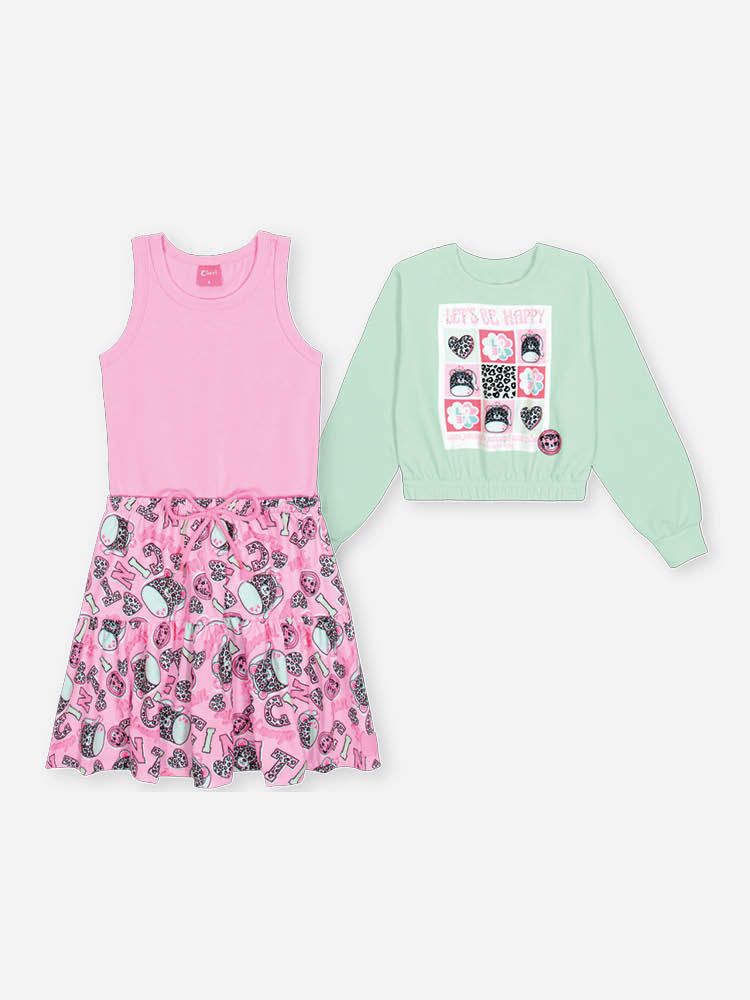 Vestido Infantil Cinti Inverno Rosa com Moletom sem Flanela Verde Happy