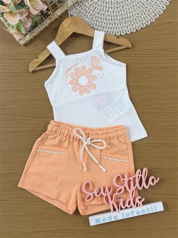 Conjunto Infantil Kukiê Verão com Shorts Laranja e Regata em Off White Florzinha