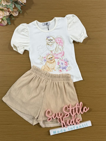 Conjunto Infantil Kukiê com Short Bege e Blusa Manga Curta Cachorrinhos